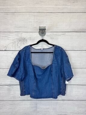 Old Navy Plus Size Blue Denim Square Neck Puff Sleeve Top Size 3X